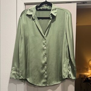 Zara Sage Green Satin Button Down Shirt